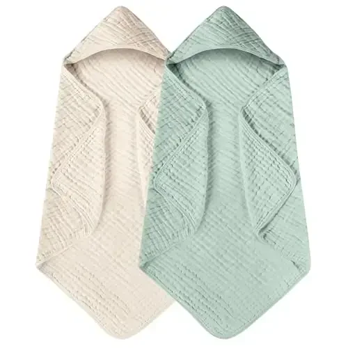 Yoofoss Hooded Baby Towels for Newborn 2 Pack 100% Muslin Organic Cotton Baby Bath Towel with Hood for Babies, Infant, Toddler and Kids, 32x32Inch, Soft and Absorbent Newborn Essential,Apricot&Green - 1