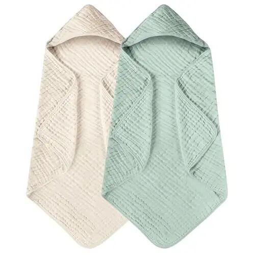Yoofoss Hooded Baby Towels for Newborn 2 Pack 100% Muslin Organic Cotton Baby Bath Towel with Hood for Babies, Infant, Toddler and Kids, 32x32Inch, Soft and Absorbent Newborn Essential,Apricot&Green - Yoofoss