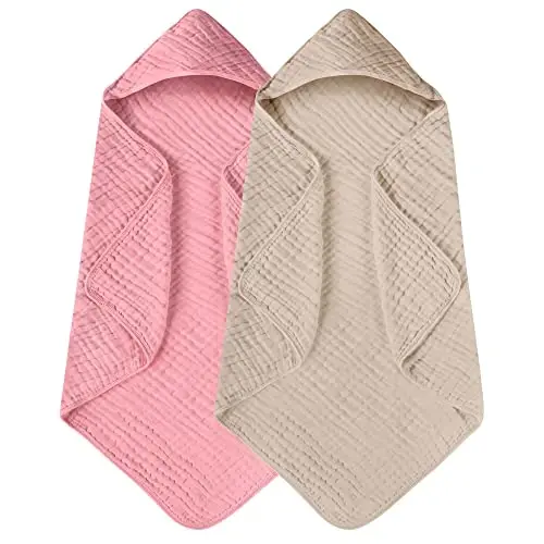 Yoofoss Hooded Baby Towels for Newborn 2 Pack 100% Muslin Organic Cotton Baby Bath Towel with Hood for Babies, Infant, Toddler and Kids, 32x32Inch, Soft and Absorbent Newborn Essential,Bge& Bean Paste - 1