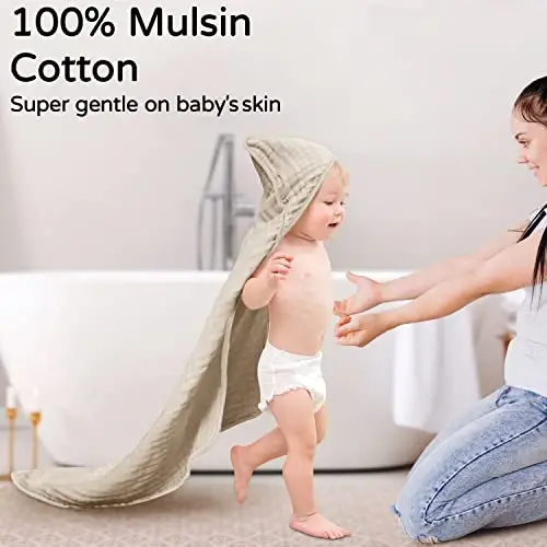 Yoofoss Hooded Baby Towels for Newborn 2 Pack 100% Muslin Organic Cotton Baby Bath Towel with Hood for Babies, Infant, Toddler and Kids, 32x32Inch, Soft and Absorbent Newborn Essential,Bge& Bean Paste - YOOFOSS (1)