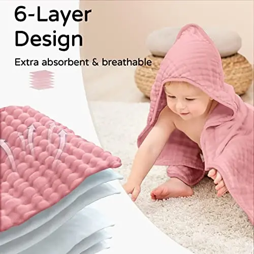 Yoofoss Hooded Baby Towels for Newborn 2 Pack 100% Muslin Organic Cotton Baby Bath Towel with Hood for Babies, Infant, Toddler and Kids, 32x32Inch, Soft and Absorbent Newborn Essential,Bge& Bean Paste - 4