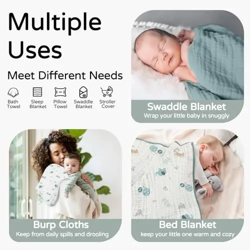 Yoofoss Hooded Baby Towels for Newborn 2 Pack 100% Muslin Organic Cotton Baby Bath Towel with Hood for Babies, Infant, Toddler and Kids, 32x32Inch, Soft and Absorbent Newborn Essential,Blue Elephant - 3