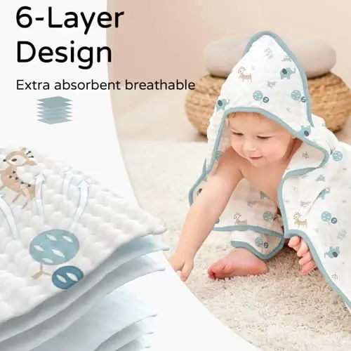Yoofoss Hooded Baby Towels for Newborn 2 Pack 100% Muslin Organic Cotton Baby Bath Towel with Hood for Babies, Infant, Toddler and Kids, 32x32Inch, Soft and Absorbent Newborn Essential,Blue Elephant - 4