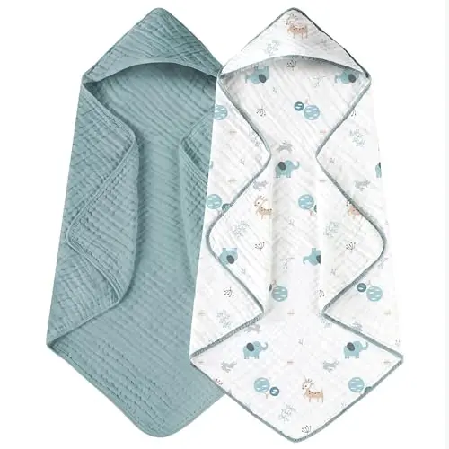 Yoofoss Hooded Baby Towels for Newborn 2 Pack 100% Muslin Organic Cotton Baby Bath Towel with Hood for Babies, Infant, Toddler and Kids, 32x32Inch, Soft and Absorbent Newborn Essential,Blue Elephant - 1