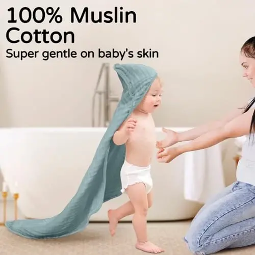 Yoofoss Hooded Baby Towels for Newborn 2 Pack 100% Muslin Organic Cotton Baby Bath Towel with Hood for Babies, Infant, Toddler and Kids, 32x32Inch, Soft and Absorbent Newborn Essential,Blue Elephant - YOOFOSS (1)