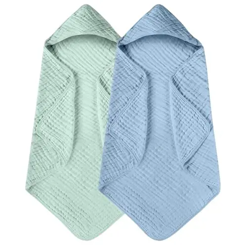 Yoofoss Hooded Baby Towels for Newborn 2 Pack 100% Muslin Organic Cotton Baby Bath Towel with Hood for Babies, Infant, Toddler and Kids, 32x32Inch, Soft and Absorbent Newborn Essential,Blue&Green - YOOFOSS