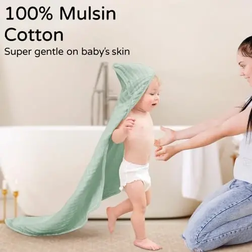 Yoofoss Hooded Baby Towels for Newborn 2 Pack 100% Muslin Organic Cotton Baby Bath Towel with Hood for Babies, Infant, Toddler and Kids, 32x32Inch, Soft and Absorbent Newborn Essential,Blue&Green - 2