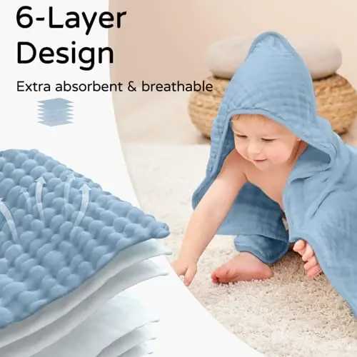 Yoofoss Hooded Baby Towels for Newborn 2 Pack 100% Muslin Organic Cotton Baby Bath Towel with Hood for Babies, Infant, Toddler and Kids, 32x32Inch, Soft and Absorbent Newborn Essential,Blue&Green - 4