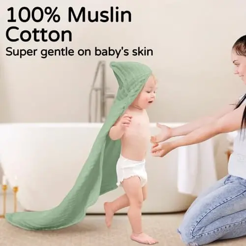Yoofoss Hooded Baby Towels for Newborn 2 Pack 100% Muslin Organic Cotton Baby Bath Towel with Hood for Babies, Infant, Toddler and Kids, 32x32Inch, Soft and Absorbent Newborn Essential,Forest - 2
