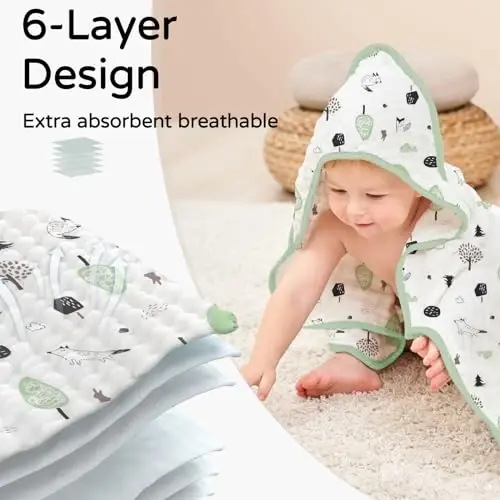 Yoofoss Hooded Baby Towels for Newborn 2 Pack 100% Muslin Organic Cotton Baby Bath Towel with Hood for Babies, Infant, Toddler and Kids, 32x32Inch, Soft and Absorbent Newborn Essential,Forest - 4