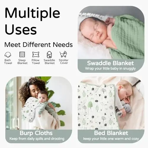 Yoofoss Hooded Baby Towels for Newborn 2 Pack 100% Muslin Organic Cotton Baby Bath Towel with Hood for Babies, Infant, Toddler and Kids, 32x32Inch, Soft and Absorbent Newborn Essential,Forest - 3