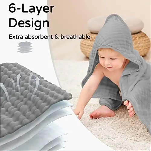 Yoofoss Hooded Baby Towels for Newborn 2 Pack 100% Muslin Organic Cotton Baby Bath Towel with Hood for Babies, Infant, Toddler and Kids, 32x32Inch, Soft and Absorbent Newborn Essential,Grey& Dark Blue - 3