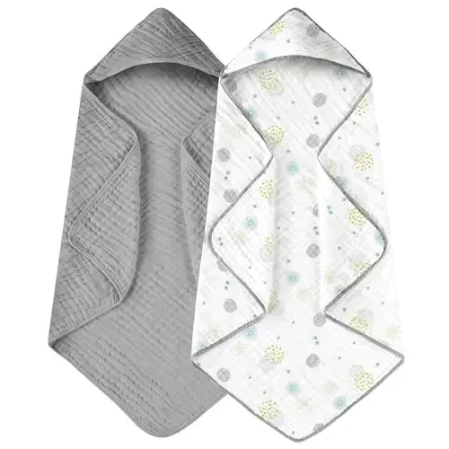 Yoofoss Hooded Baby Towels for Newborn 2 Pack 100% Muslin Organic Cotton Baby Bath Towel with Hood for Babies, Infant, Toddler and Kids, 32x32Inch, Soft and Absorbent Newborn Essential,Grey Flower - YOOFOSS