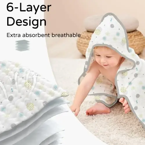 Yoofoss Hooded Baby Towels for Newborn 2 Pack 100% Muslin Organic Cotton Baby Bath Towel with Hood for Babies, Infant, Toddler and Kids, 32x32Inch, Soft and Absorbent Newborn Essential,Grey Flower - 4