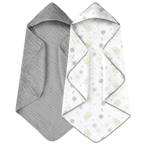 Yoofoss Hooded Baby Towels for Newborn 2 Pack 100% Muslin Organic Cotton Baby Bath Towel with Hood for Babies, Infant, Toddler and Kids, 32x32Inch, Soft and Absorbent Newborn Essential,Grey Flower - 1