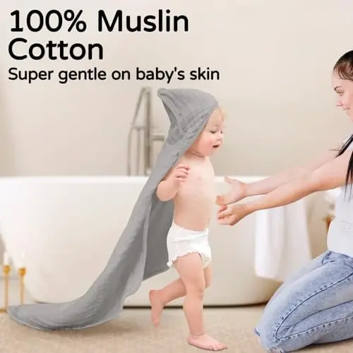 Yoofoss Hooded Baby Towels for Newborn 2 Pack 100% Muslin Organic Cotton Baby Bath Towel with Hood for Babies, Infant, Toddler and Kids, 32x32Inch, Soft and Absorbent Newborn Essential,Grey Flower - 2