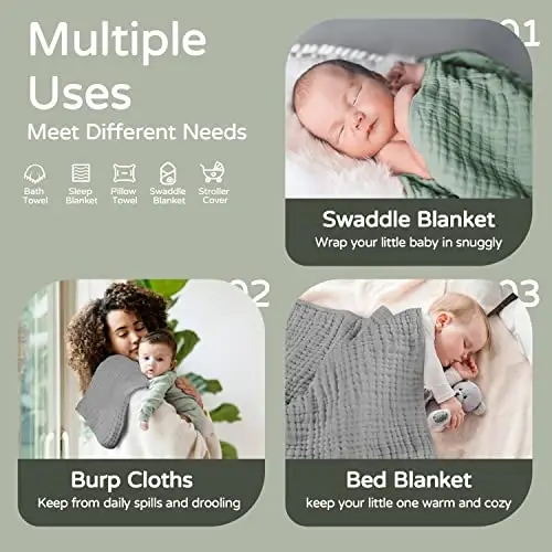 Yoofoss Hooded Baby Towels for Newborn 2 Pack 100% Muslin Organic Cotton Baby Bath Towel with Hood for Babies, Infant, Toddler and Kids, 32x32Inch, Soft and Absorbent Newborn Essential,Grey&Dark Green - 3