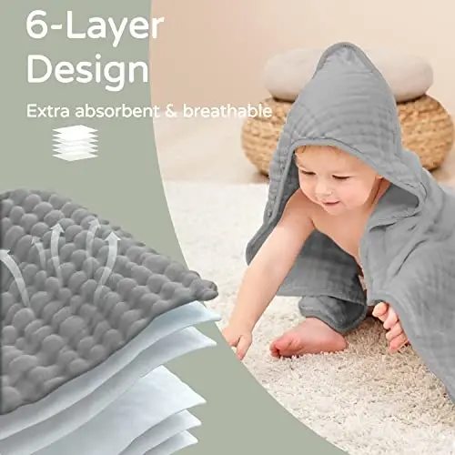 Yoofoss Hooded Baby Towels for Newborn 2 Pack 100% Muslin Organic Cotton Baby Bath Towel with Hood for Babies, Infant, Toddler and Kids, 32x32Inch, Soft and Absorbent Newborn Essential,Grey&Dark Green - 4