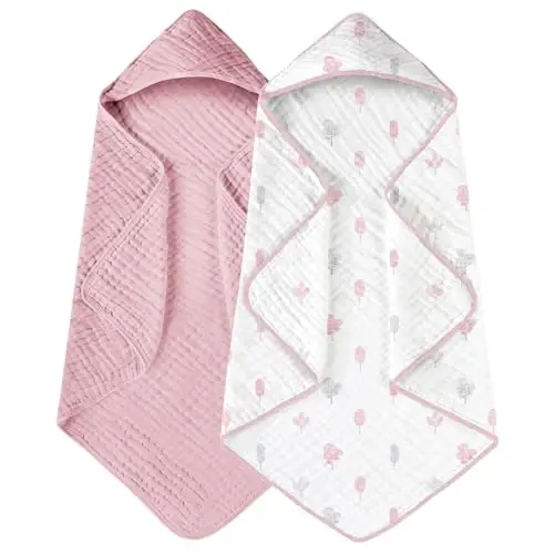 Yoofoss Hooded Baby Towels for Newborn 2 Pack 100% Muslin Organic Cotton Baby Bath Towel with Hood for Babies, Infant, Toddler and Kids, 32x32Inch, Soft and Absorbent Newborn Essential,Pink&Wh Leaf - 1