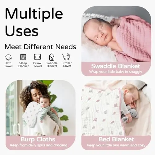 Yoofoss Hooded Baby Towels for Newborn 2 Pack 100% Muslin Organic Cotton Baby Bath Towel with Hood for Babies, Infant, Toddler and Kids, 32x32Inch, Soft and Absorbent Newborn Essential,Pink&Wh Leaf - 3