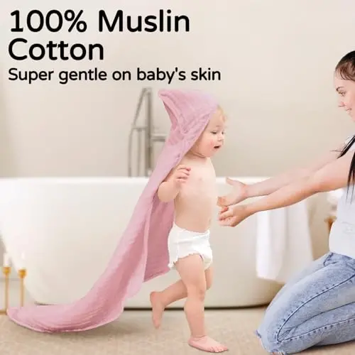 Yoofoss Hooded Baby Towels for Newborn 2 Pack 100% Muslin Organic Cotton Baby Bath Towel with Hood for Babies, Infant, Toddler and Kids, 32x32Inch, Soft and Absorbent Newborn Essential,Pink&Wh Leaf - YOOFOSS (1)