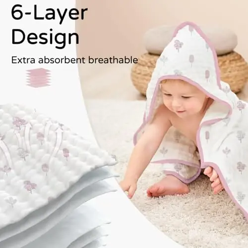 Yoofoss Hooded Baby Towels for Newborn 2 Pack 100% Muslin Organic Cotton Baby Bath Towel with Hood for Babies, Infant, Toddler and Kids, 32x32Inch, Soft and Absorbent Newborn Essential,Pink&Wh Leaf - 4