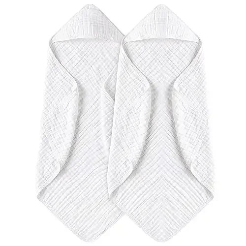 Yoofoss Hooded Baby Towels for Newborn 2 Pack 100% Muslin Organic Cotton Baby Bath Towel with Hood for Babies, Infant, Toddler and Kids, 32x32Inch, Soft and Absorbent Newborn Essential,White-2 Pack - 1