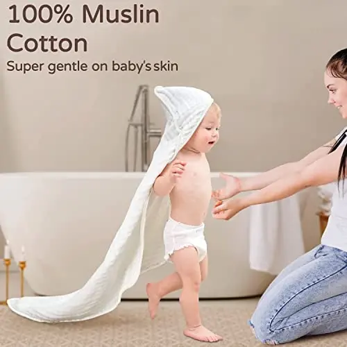 Yoofoss Hooded Baby Towels for Newborn 2 Pack 100% Muslin Organic Cotton Baby Bath Towel with Hood for Babies, Infant, Toddler and Kids, 32x32Inch, Soft and Absorbent Newborn Essential,White-2 Pack - 2