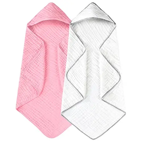 Yoofoss Hooded Baby Towels for Newborn 2 Pack 100% Muslin Organic Cotton Baby Bath Towel with Hood for Babies, Infant, Toddler and Kids, 32x32Inch, Soft and Absorbent Newborn Essential,White and Pink - YOOFOSS