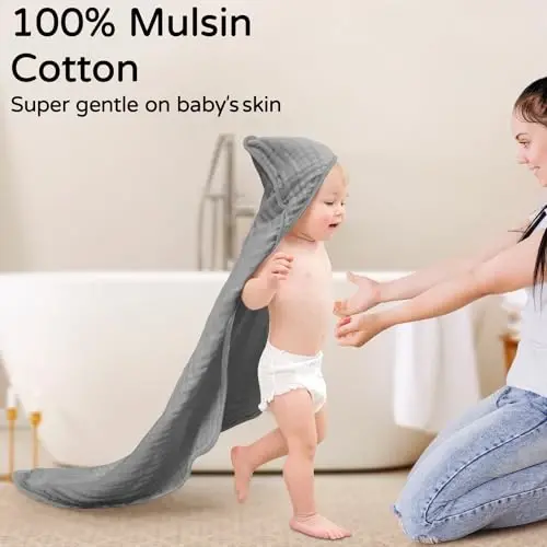 Yoofoss Hooded Baby Towels for Newborn 2 Pack 100% Muslin Organic Cotton Baby Bath Towel with Hood for Babies, Infant, Toddler and Kids, 32x32Inch, Soft and Absorbent Newborn Essential,White&Pure Grey - YOOFOSS (1)