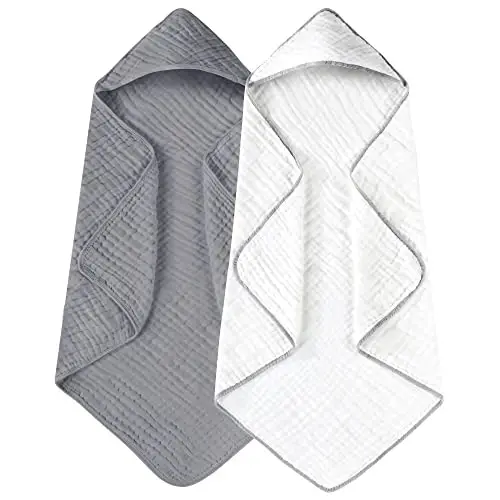 Yoofoss Hooded Baby Towels for Newborn 2 Pack 100% Muslin Organic Cotton Baby Bath Towel with Hood for Babies, Infant, Toddler and Kids, 32x32Inch, Soft and Absorbent Newborn Essential,White&Pure Grey 