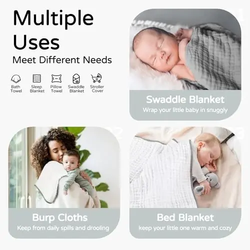 Yoofoss Hooded Baby Towels for Newborn 2 Pack 100% Muslin Organic Cotton Baby Bath Towel with Hood for Babies, Infant, Toddler and Kids, 32x32Inch, Soft and Absorbent Newborn Essential,White&Pure Grey - 3