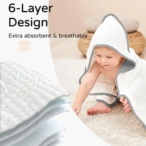 Yoofoss Hooded Baby Towels for Newborn 2 Pack 100% Muslin Organic Cotton Baby Bath Towel with Hood for Babies, Infant, Toddler and Kids, 32x32Inch, Soft and Absorbent Newborn Essential,White&Pure Grey - 4