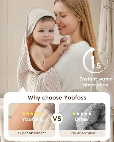 Yoofoss Hooded Baby Towels for Newborn 2 Pack 100% Muslin Organic Cotton Baby Bath Towel with Hood for Babies, Infant, Toddler and Kids, 37.5
