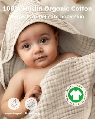 Yoofoss Hooded Baby Towels for Newborn 2 Pack 100% Muslin Organic Cotton Baby Bath Towel with Hood for Babies, Infant, Toddler and Kids, 37.5