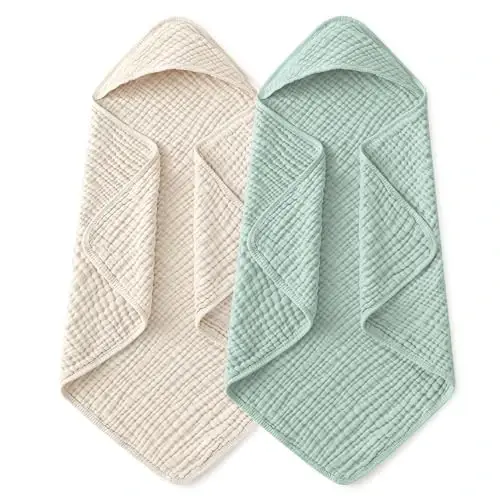 Yoofoss Hooded Baby Towels for Newborn 2 Pack 100% Muslin Organic Cotton Baby Bath Towel with Hood for Babies, Infant, Toddler and Kids, 37.5