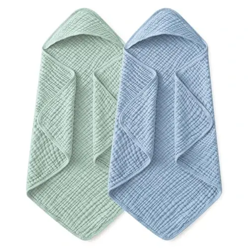 Yoofoss Hooded Baby Towels for Newborn 2 Pack 100% Muslin Organic Cotton Baby Bath Towel with Hood for Babies, Infant, Toddler and Kids, 37.5