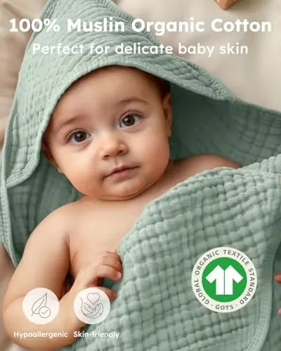 Yoofoss Hooded Baby Towels for Newborn 2 Pack 100% Muslin Organic Cotton Baby Bath Towel with Hood for Babies, Infant, Toddler and Kids, 37.5