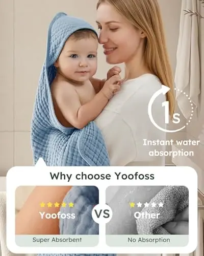 Yoofoss Hooded Baby Towels for Newborn 2 Pack 100% Muslin Organic Cotton Baby Bath Towel with Hood for Babies, Infant, Toddler and Kids, 37.5