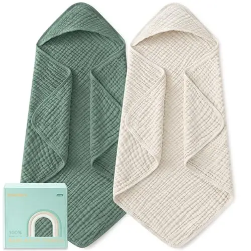 Yoofoss Hooded Baby Towels for Newborn 2 Pack 100% Muslin Organic Cotton Baby Bath Towel with Hood for Babies, Infant, Toddler and Kids, Large 32x32Inch, Soft and Absorbent Newborn Essential - 1