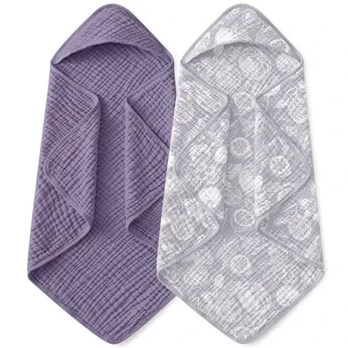 Yoofoss Hooded Baby Towels for Newborn 2 Pack 100% Muslin Organic Cotton Baby Bath Towel with Hood for Babies, Infant, Toddler and Kids, Large 32x32Inch, Soft and Absorbent Newborn Essential - 1