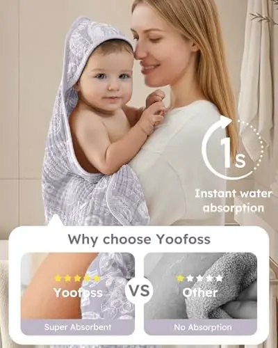 Yoofoss Hooded Baby Towels for Newborn 2 Pack 100% Muslin Organic Cotton Baby Bath Towel with Hood for Babies, Infant, Toddler and Kids, Large 32x32Inch, Soft and Absorbent Newborn Essential - 3