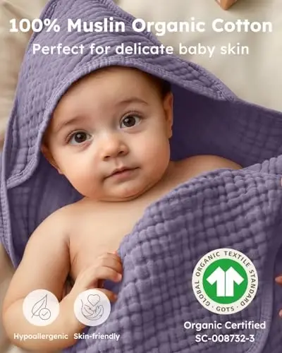 Yoofoss Hooded Baby Towels for Newborn 2 Pack 100% Muslin Organic Cotton Baby Bath Towel with Hood for Babies, Infant, Toddler and Kids, Large 32x32Inch, Soft and Absorbent Newborn Essential - YOOFOSS (1)