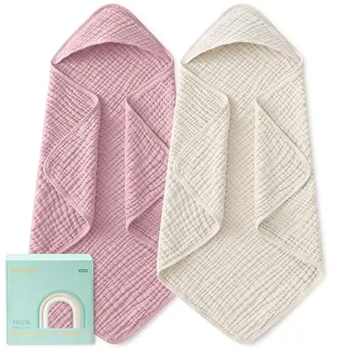 Yoofoss Hooded Baby Towels for Newborn 2 Pack 100% Muslin Organic Cotton Baby Bath Towel with Hood for Babies, Infant, Toddler and Kids, Large 32x32Inch, Soft and Absorbent Newborn Essential - YOOFOSS
