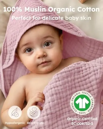 Yoofoss Hooded Baby Towels for Newborn 2 Pack 100% Muslin Organic Cotton Baby Bath Towel with Hood for Babies, Infant, Toddler and Kids, Large 32x32Inch, Soft and Absorbent Newborn Essential - YOOFOSS (1)