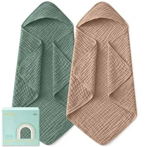 Yoofoss Hooded Baby Towels for Newborn 2 Pack 100% Muslin Organic Cotton Baby Bath Towel with Hood for Babies, Infant, Toddler and Kids, Large 32x32Inch, Soft and Absorbent Newborn Essential 
