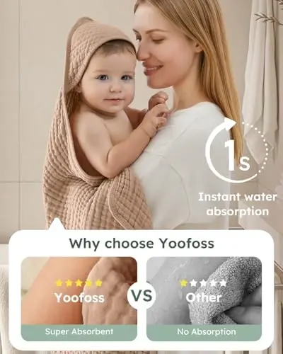 Yoofoss Hooded Baby Towels for Newborn 2 Pack 100% Muslin Organic Cotton Baby Bath Towel with Hood for Babies, Infant, Toddler and Kids, Large 32x32Inch, Soft and Absorbent Newborn Essential - 3