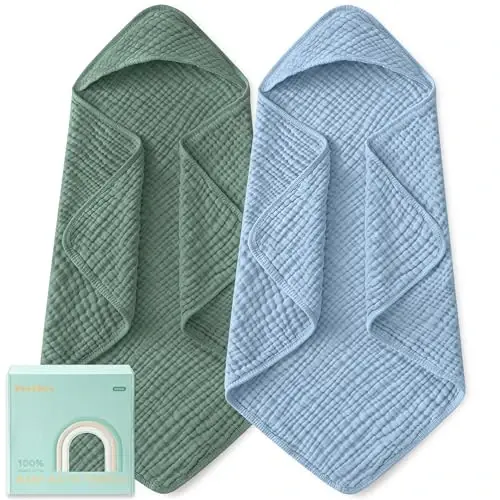 Yoofoss Hooded Baby Towels for Newborn 2 Pack 100% Muslin Organic Cotton Baby Bath Towel with Hood for Babies, Infant, Toddler and Kids, Large 32x32Inch, Soft and Absorbent Newborn Essential - 1