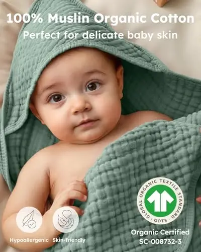 Yoofoss Hooded Baby Towels for Newborn 2 Pack 100% Muslin Organic Cotton Baby Bath Towel with Hood for Babies, Infant, Toddler and Kids, Large 32x32Inch, Soft and Absorbent Newborn Essential - YOOFOSS (1)