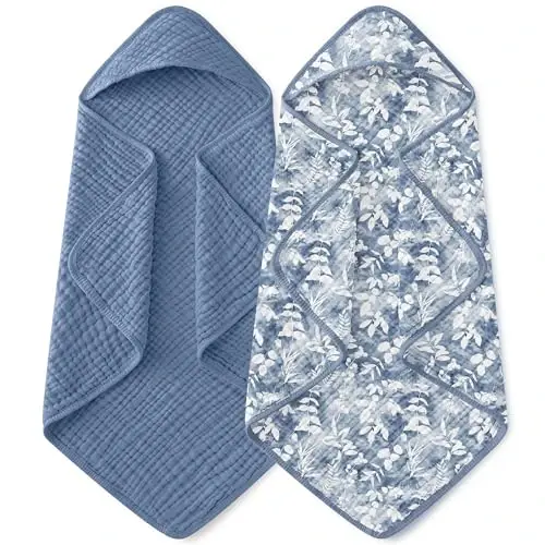 Yoofoss Hooded Baby Towels for Newborn 2 Pack 100% Muslin Organic Cotton Baby Bath Towel with Hood for Babies, Infant, Toddler and Kids, Large 32x32Inch, Soft and Absorbent Newborn Essential - 1